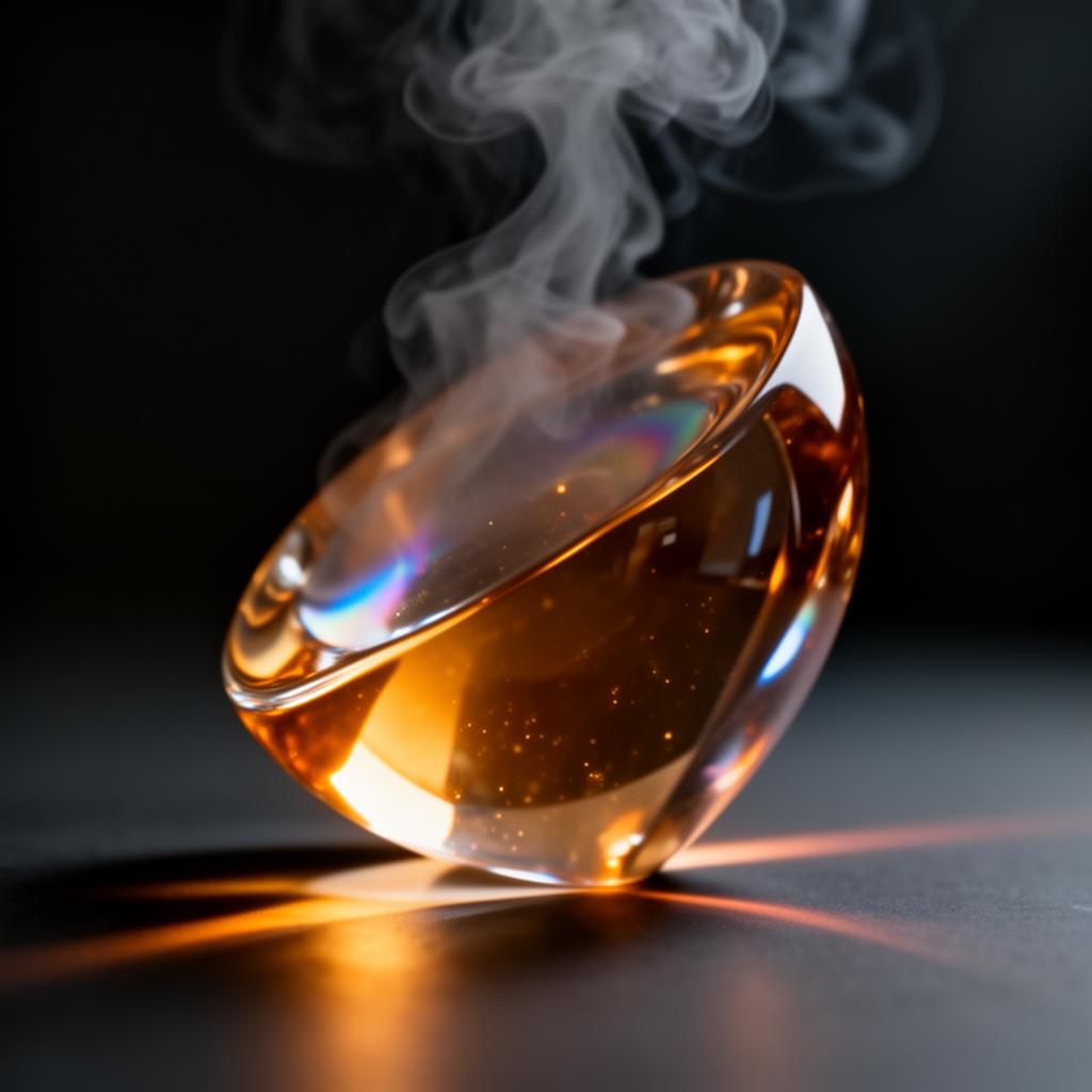Translucent iridescent glass sculpture with amber light refraction